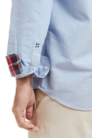 Chase Shirt Blue Oxford with Farrington Madras Trim MENS SPORT SHIRTS Castaway Nantucket Island