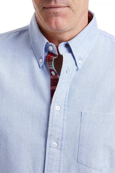 Chase Shirt Blue Oxford with Hingham Patch Madras MENS SPORT SHIRTS Castaway Nantucket Island