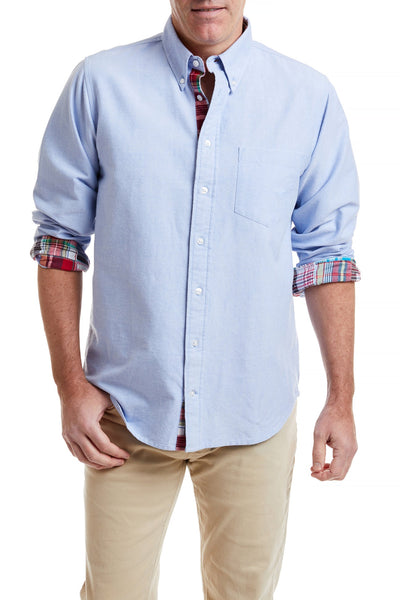 Chase Shirt Blue Oxford with Hingham Patch Madras MENS SPORT SHIRTS Castaway Nantucket Island