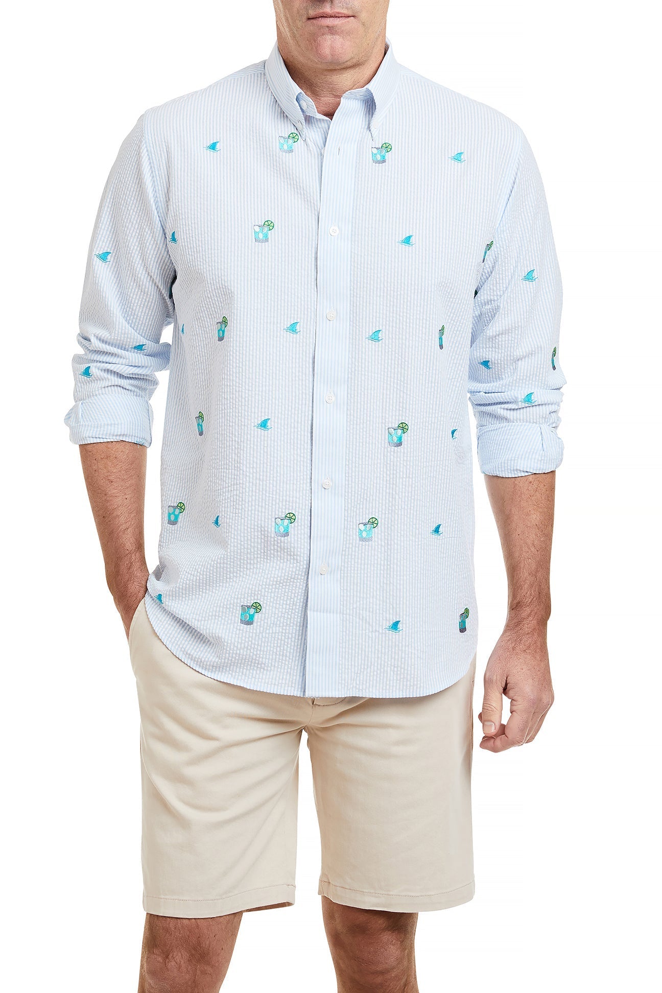 Chase Shirt Blue Seersucker with Fin & Tonic MENS SPORT SHIRTS Castaway Nantucket Island