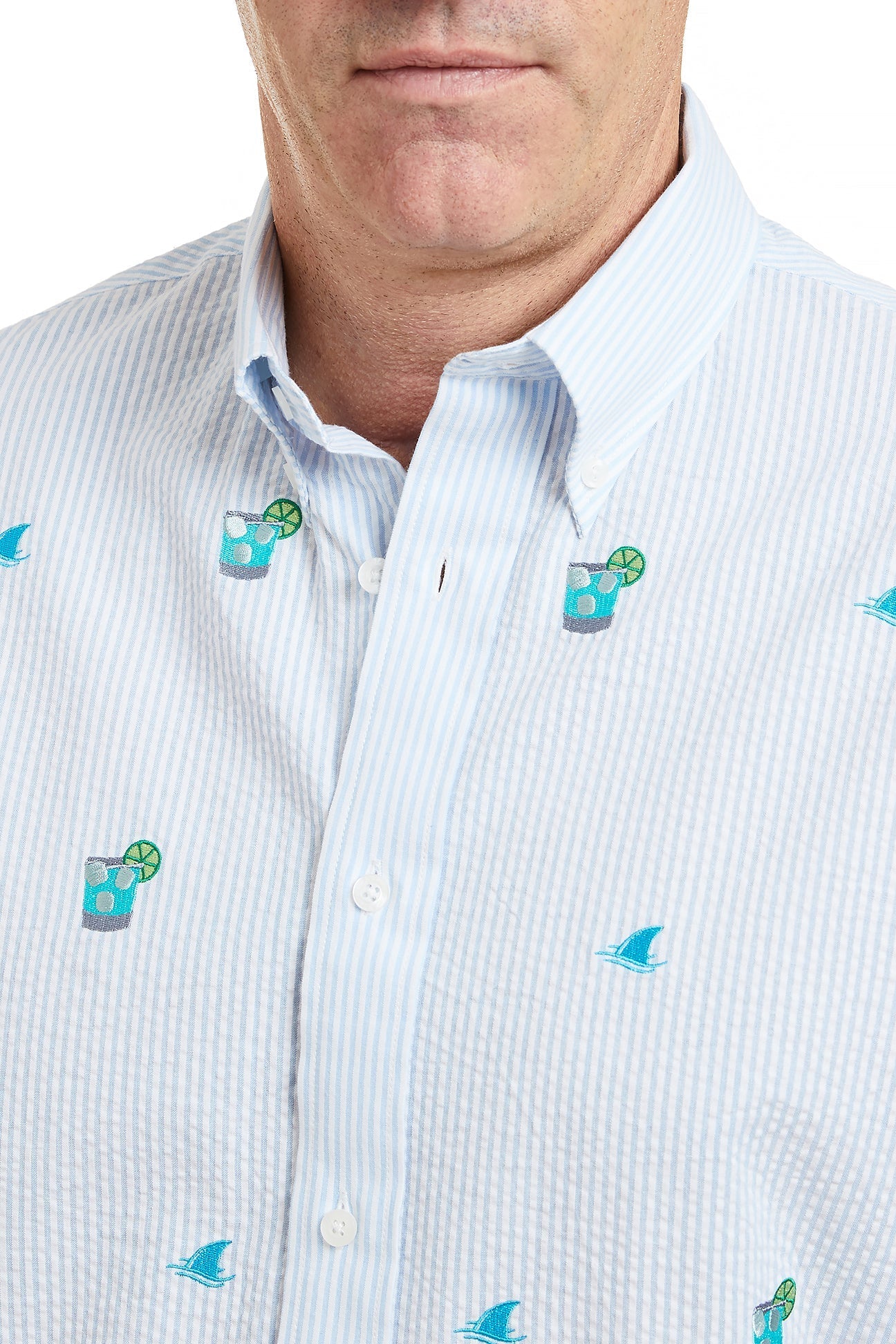 Chase Shirt Blue Seersucker with Fin & Tonic MENS SPORT SHIRTS Castaway Nantucket Island