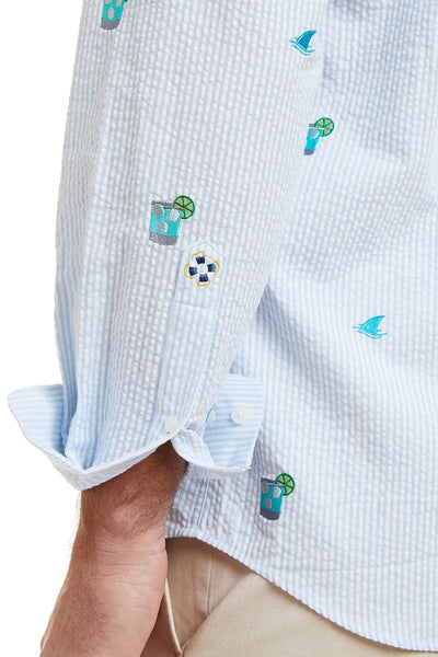 Chase Shirt Blue Seersucker with Fin & Tonic MENS SPORT SHIRTS Castaway Nantucket Island