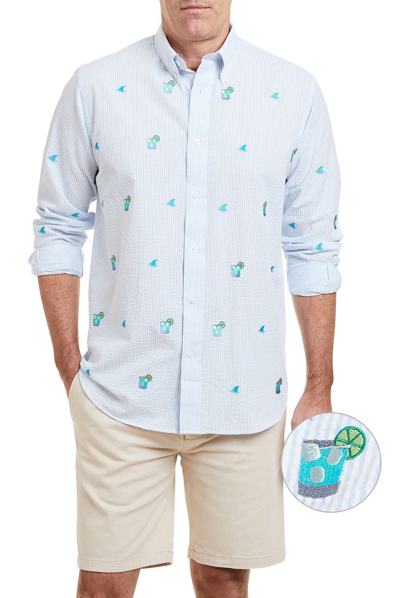 Chase Shirt Blue Seersucker with Fin & Tonic MENS SPORT SHIRTS Castaway Nantucket Island