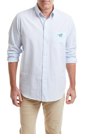 Chase Shirt Blue Seersucker With Pastel Racing Horse MENS SPORT SHIRTS Castaway Nantucket Island
