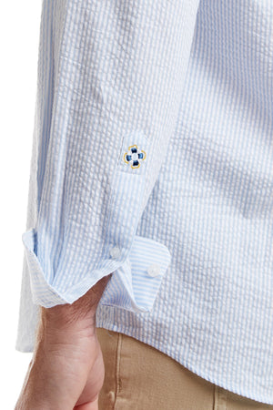Chase Shirt Blue Seersucker With Pastel Racing Horse MENS SPORT SHIRTS Castaway Nantucket Island