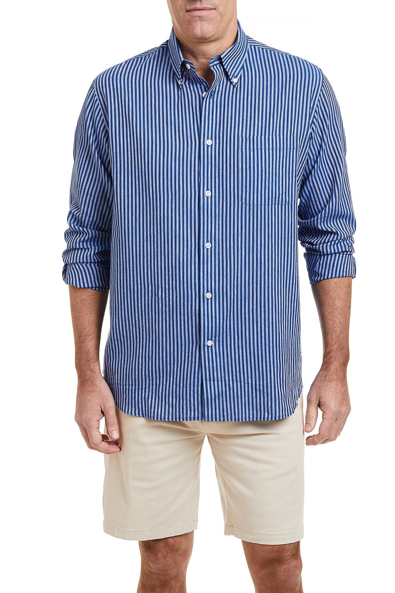 Chase Shirt Linen Navy & Blue Stripe MENS SPORT SHIRTS Castaway Nantucket Island