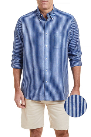 Chase Shirt Linen Navy & Blue Stripe MENS SPORT SHIRTS Castaway Nantucket Island