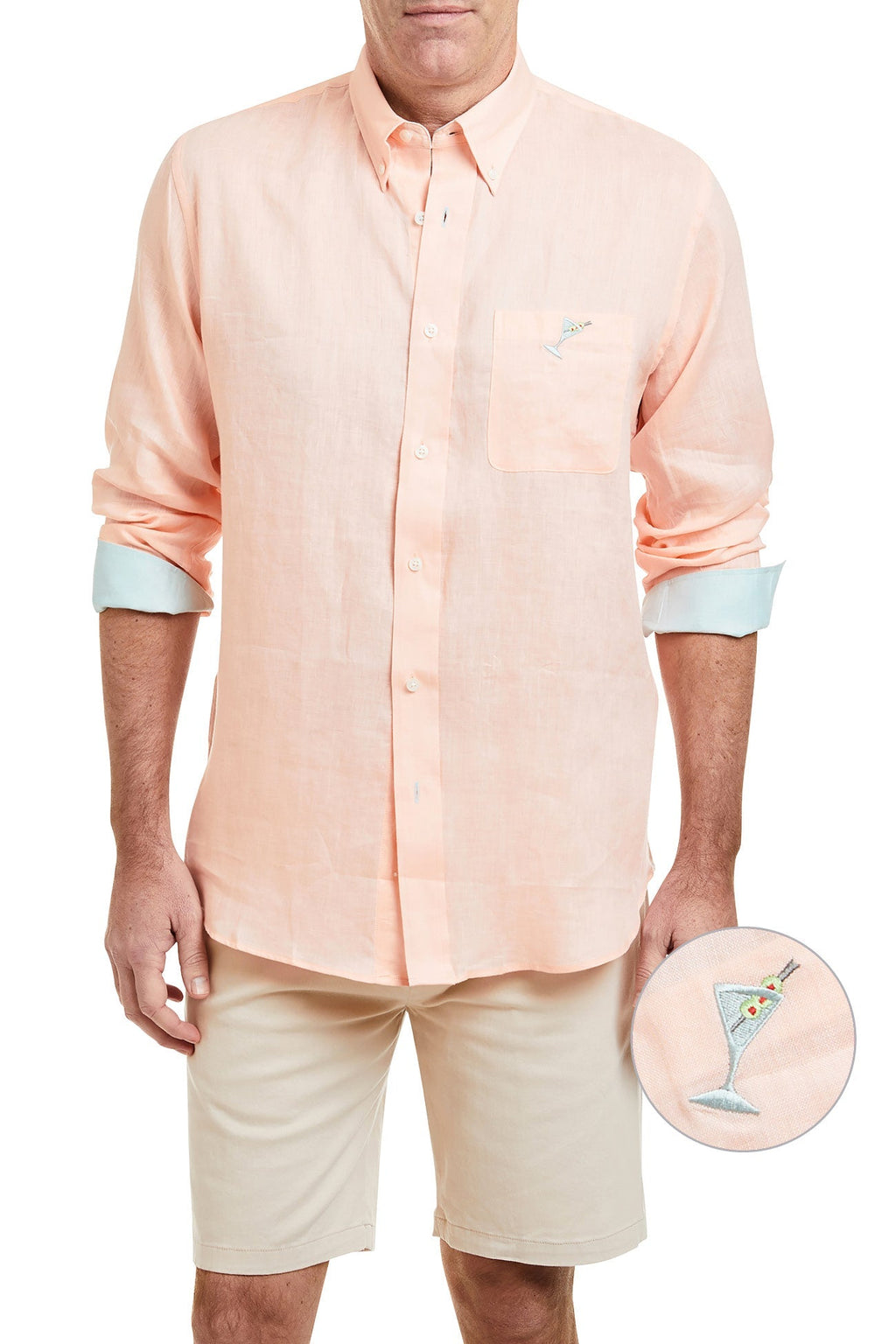 Chase Shirt Linen Peach with Seafoam Green Trim and Martini MENS SPORT SHIRTS Castaway Nantucket Island