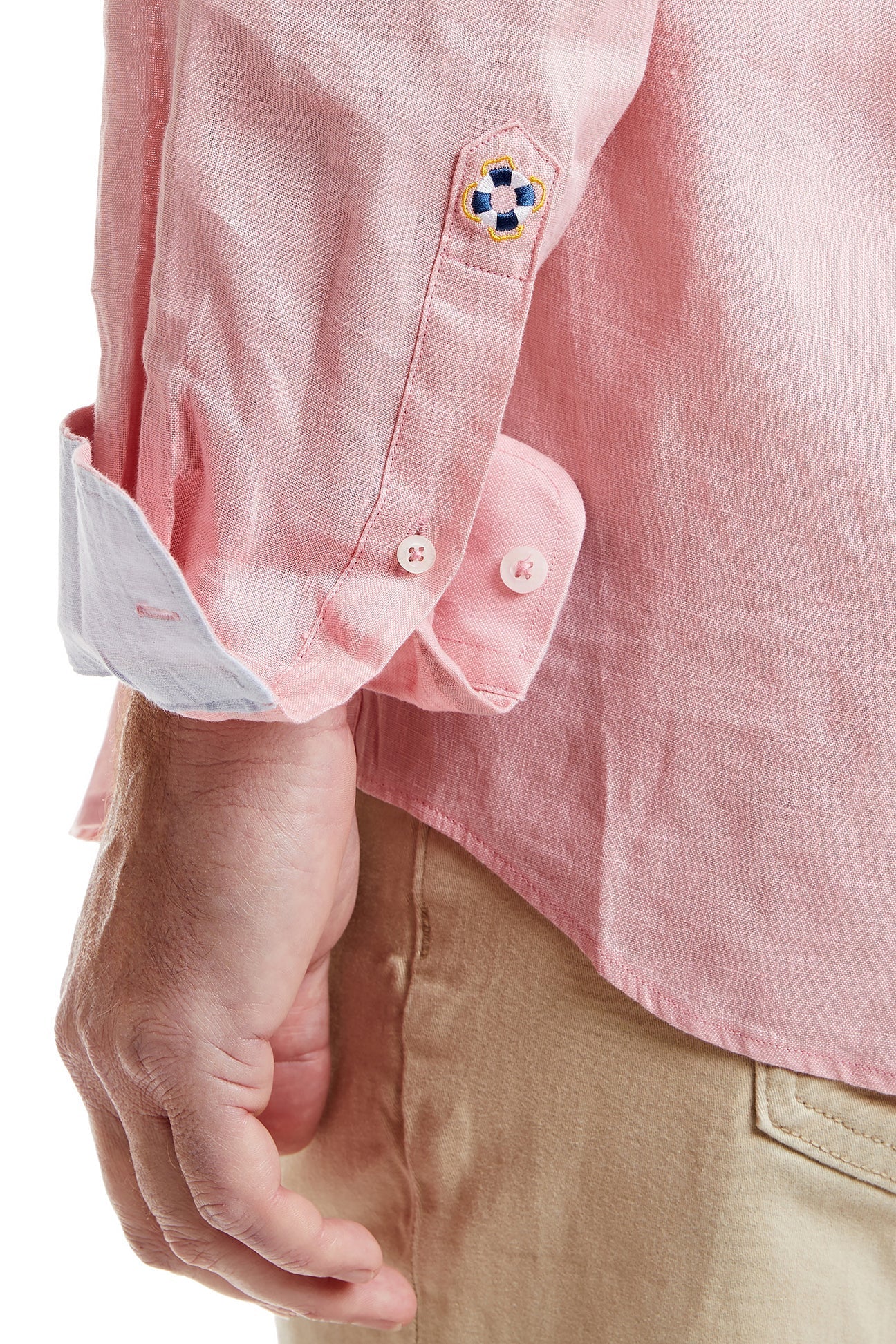 Chase Shirt Linen Pink With Powder Blue Trim and Martini MENS SPORT SHIRTS Castaway Nantucket Island