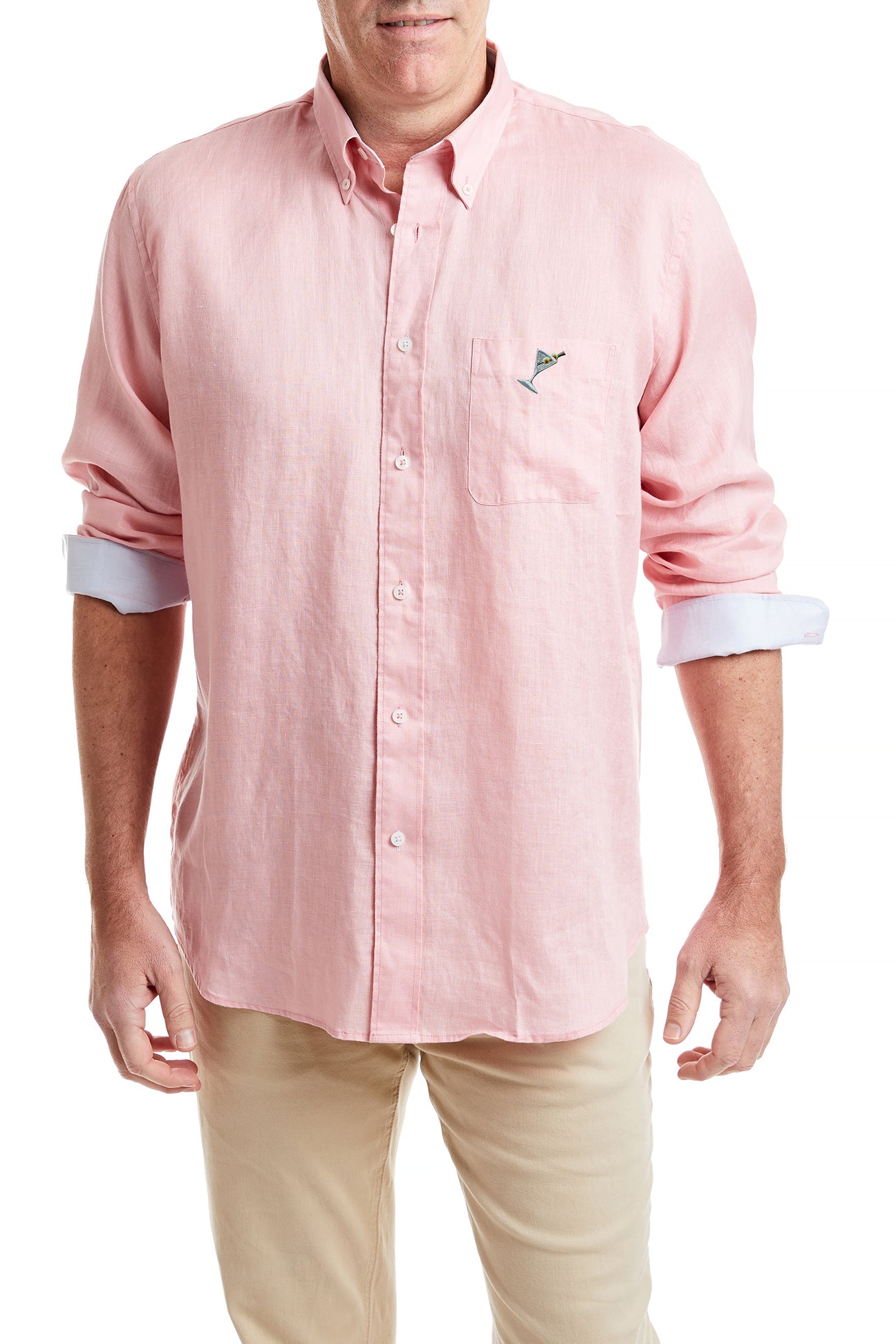 Chase Shirt Linen Pink With Powder Blue Trim and Martini MENS SPORT SHIRTS Castaway Nantucket Island
