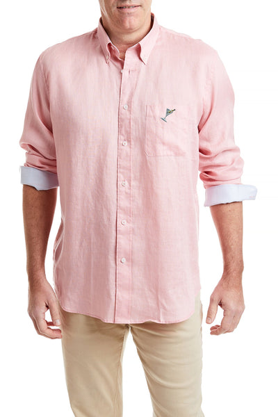 Chase Shirt Linen Pink With Powder Blue Trim and Martini MENS SPORT SHIRTS Castaway Nantucket Island