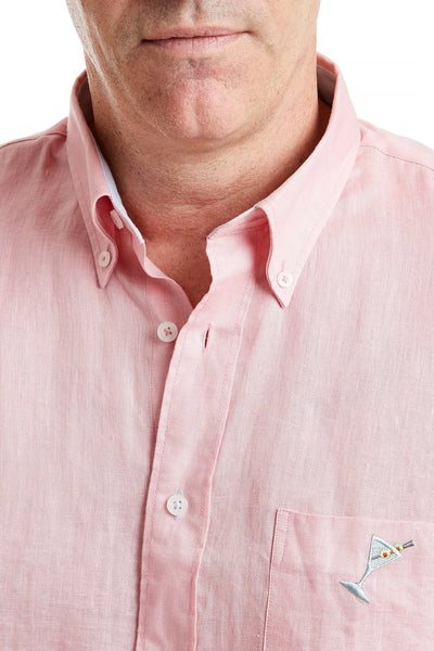 Chase Shirt Linen Pink With Powder Blue Trim and Martini MENS SPORT SHIRTS Castaway Nantucket Island