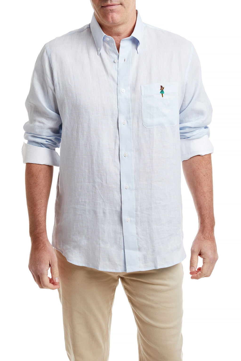 Chase Shirt Linen Powdered Blue with White Trim and Hula Girl MENS SPORT SHIRTS Castaway Nantucket Island