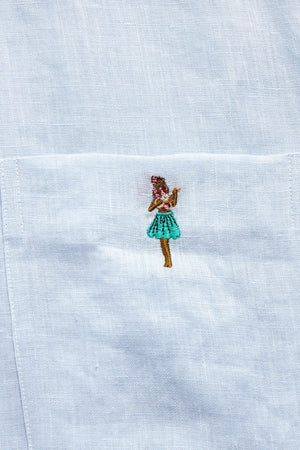 Chase Shirt Linen Powdered Blue with White Trim and Hula Girl MENS SPORT SHIRTS Castaway Nantucket Island