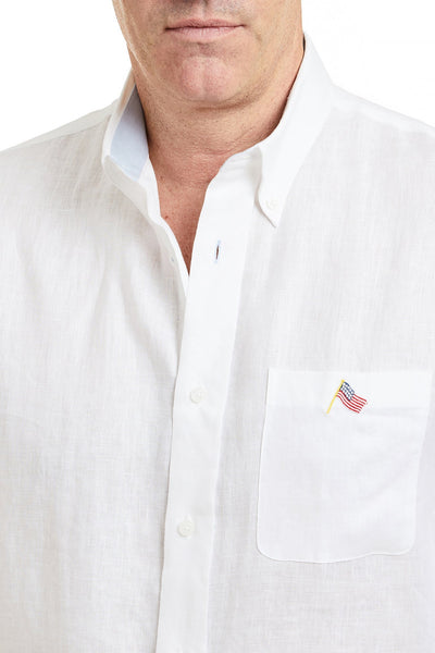 Chase Shirt Linen White with Powder Blue Trim and USA Flag MENS SPORT SHIRTS Castaway Nantucket Island