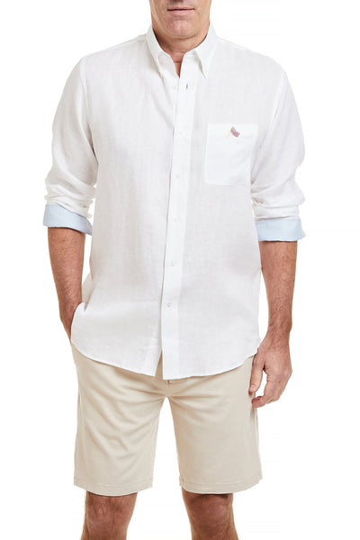 Chase Shirt Linen White with Powder Blue Trim and USA Flag MENS SPORT SHIRTS Castaway Nantucket Island