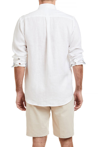 Chase Shirt Linen White with Powder Blue Trim and USA Flag MENS SPORT SHIRTS Castaway Nantucket Island