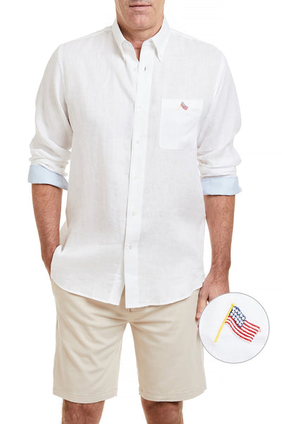 Chase Shirt Linen White with Powder Blue Trim and USA Flag MENS SPORT SHIRTS Castaway Nantucket Island