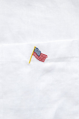 Chase Shirt Linen White with Powder Blue Trim and USA Flag MENS SPORT SHIRTS Castaway Nantucket Island