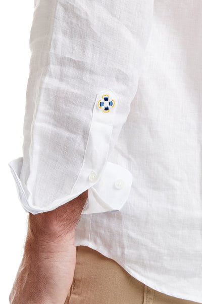 Chase Shirt Linen White with Powder Blue Trim and USA Flag MENS SPORT SHIRTS Castaway Nantucket Island