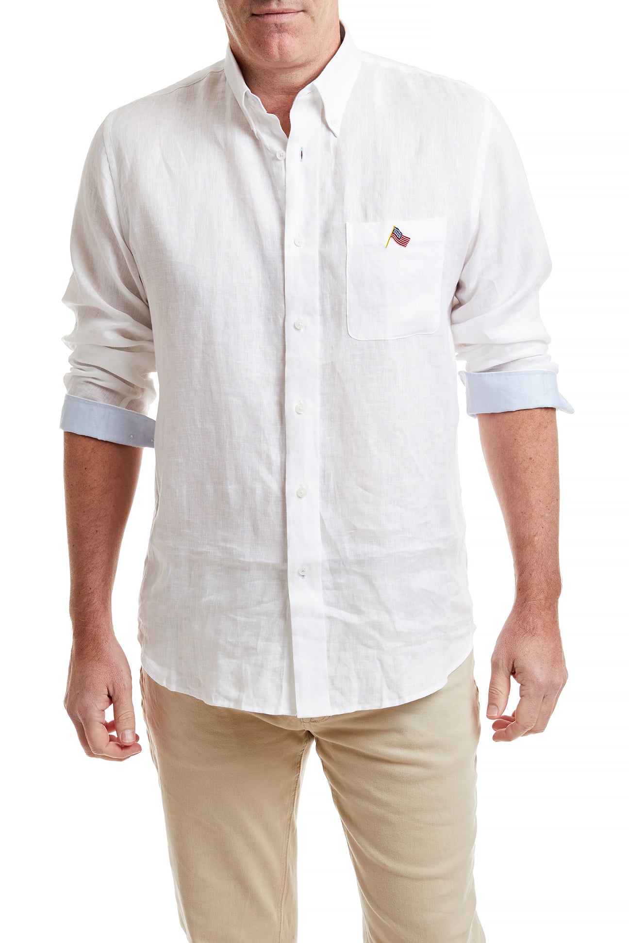 Chase Shirt Linen White with Powder Blue Trim and USA Flag MENS SPORT SHIRTS Castaway Nantucket Island