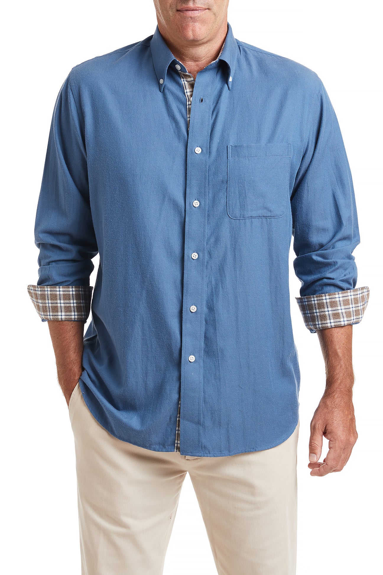 Chase Shirt Mariner Blue Flannel with Stable Tattersall Tan Trim MENS SPORT SHIRTS Castaway Nantucket Island