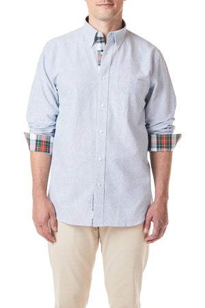 Chase Shirt Oxford Blue Stripe with Dress Stewart Trim - Castaway Nantucket Island