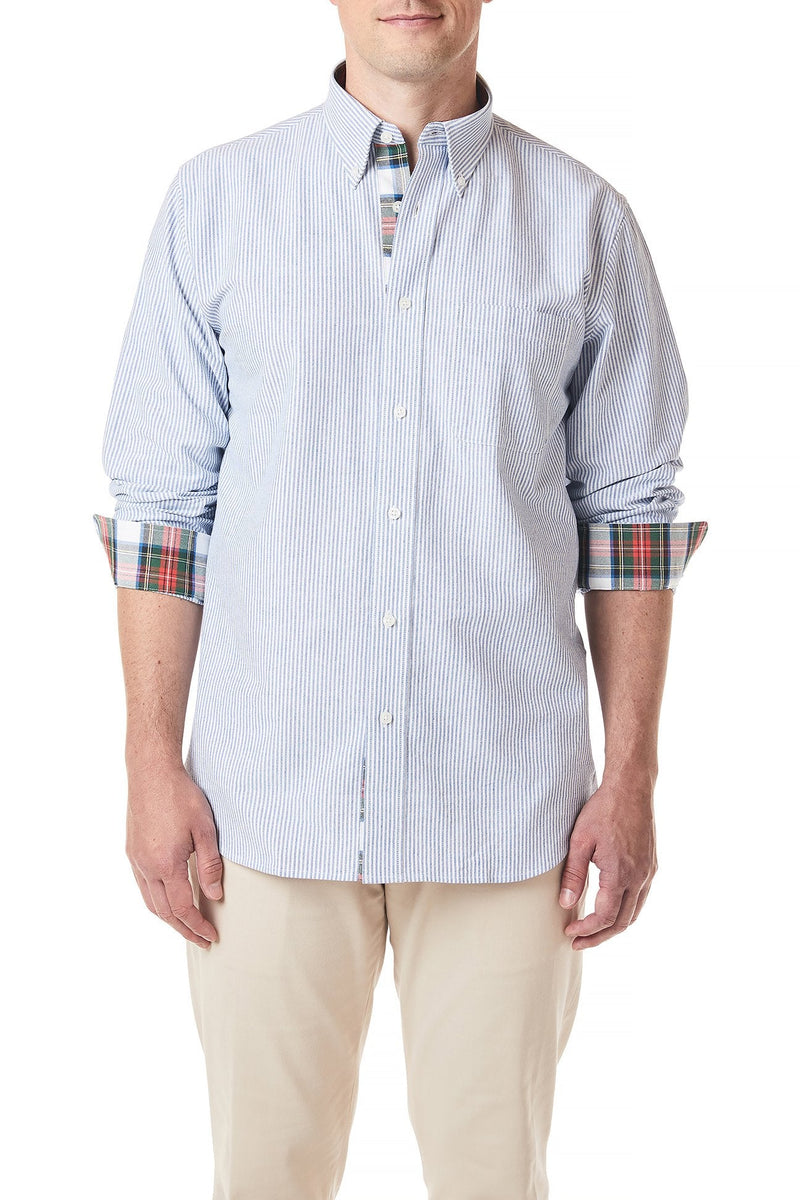 Chase Shirt Oxford Blue Stripe with Dress Stewart Trim - Castaway Nantucket Island