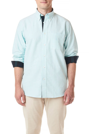 Chase Shirt Oxford Green Stripe with Blackwatch Trim - Castaway Nantucket Island