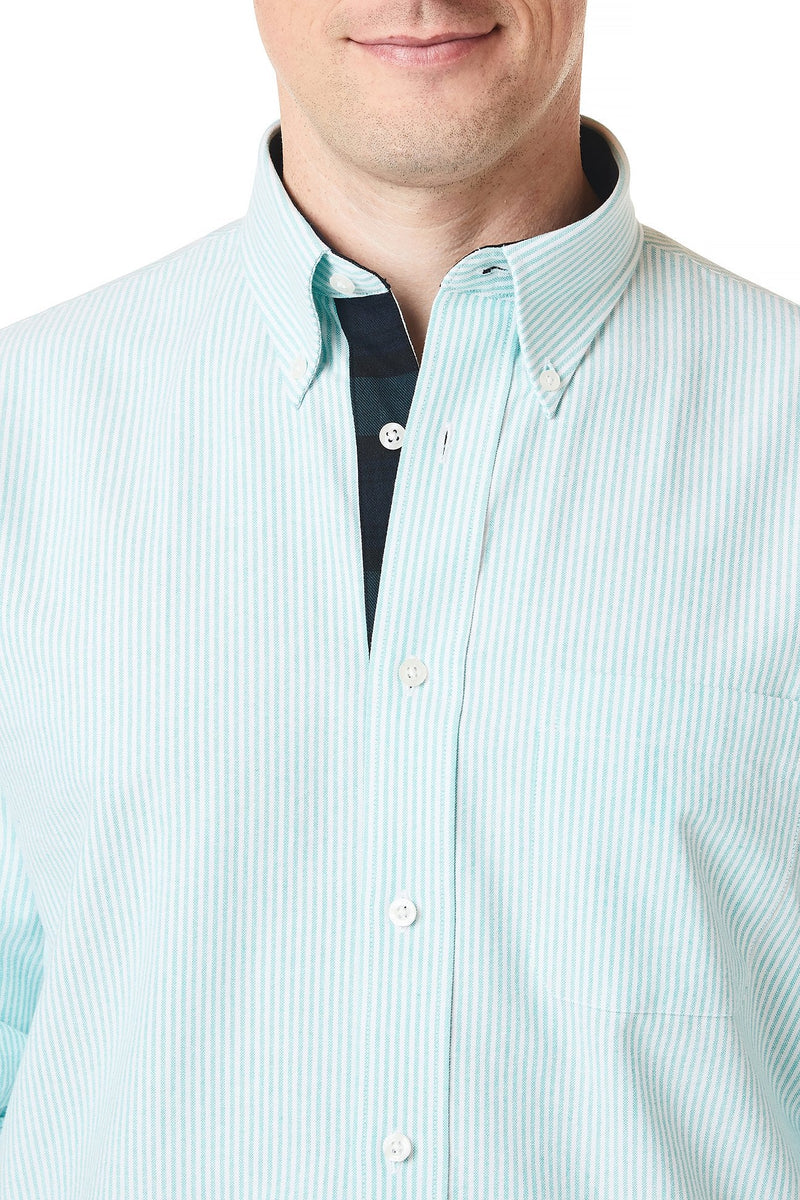 Chase Shirt Oxford Green Stripe with Blackwatch Trim - Castaway Nantucket Island