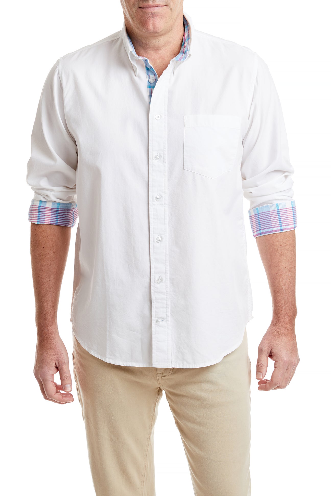 Chase Shirt White Oxford with Bimini Madras Trim MENS SPORT SHIRTS Castaway Nantucket Island