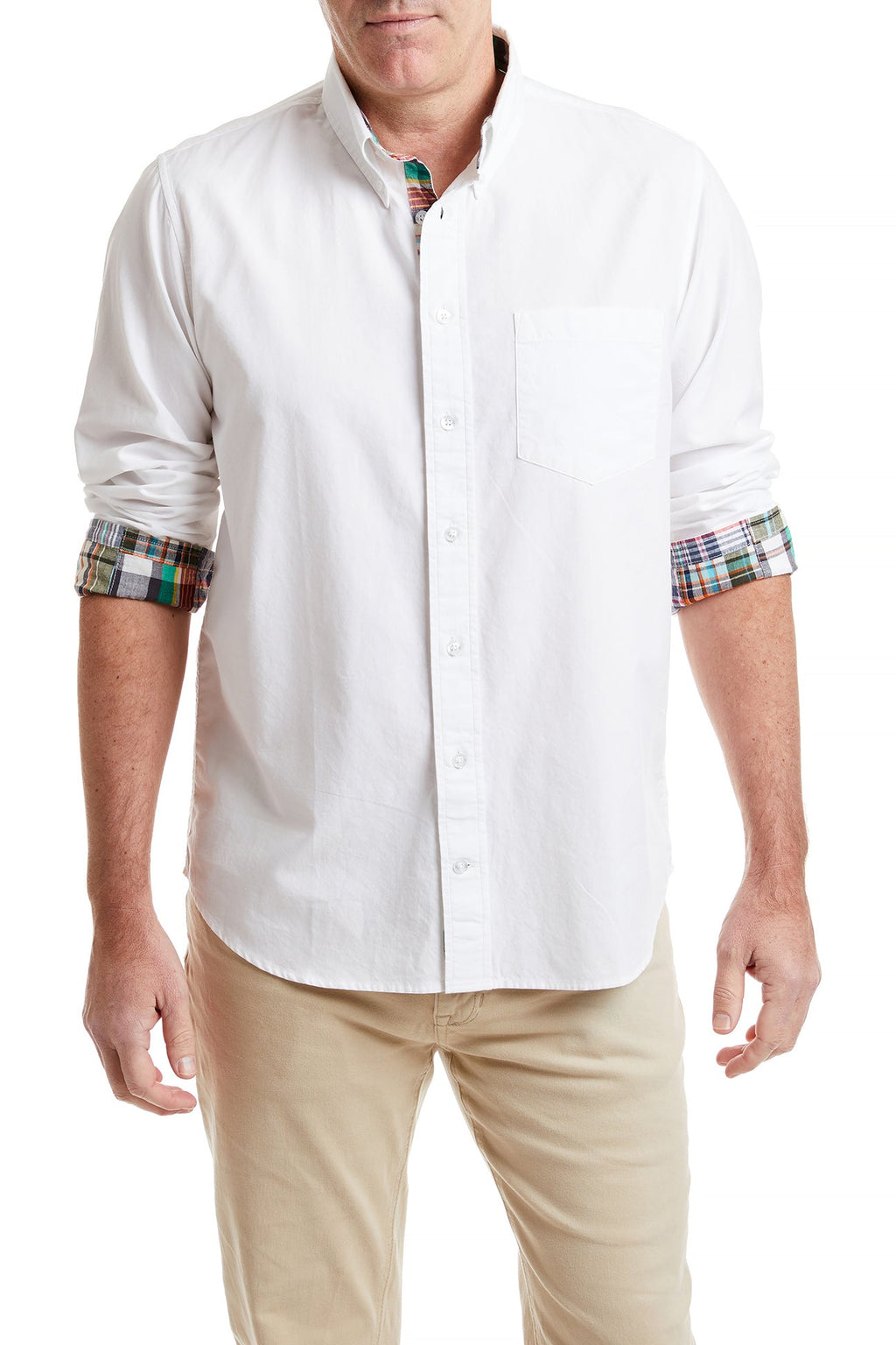 Chase Shirt White Oxford with Osterville Patch Madras MENS SPORT SHIRTS Castaway Nantucket Island