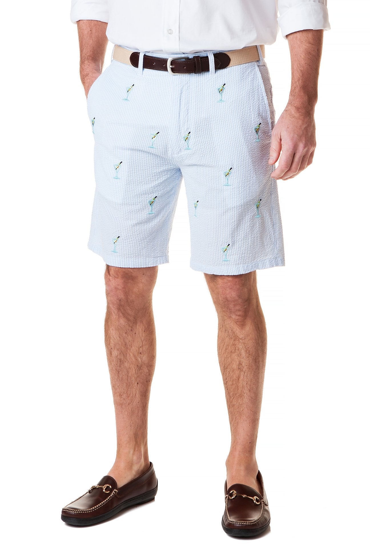 Cisco Embroidered Short Blue Seersucker with Martini - MENS EMBROIDERED SHORTS - Castaway Nantucket Island