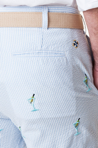Cisco Embroidered Short Blue Seersucker with Martini - MENS EMBROIDERED SHORTS - Castaway Nantucket Island