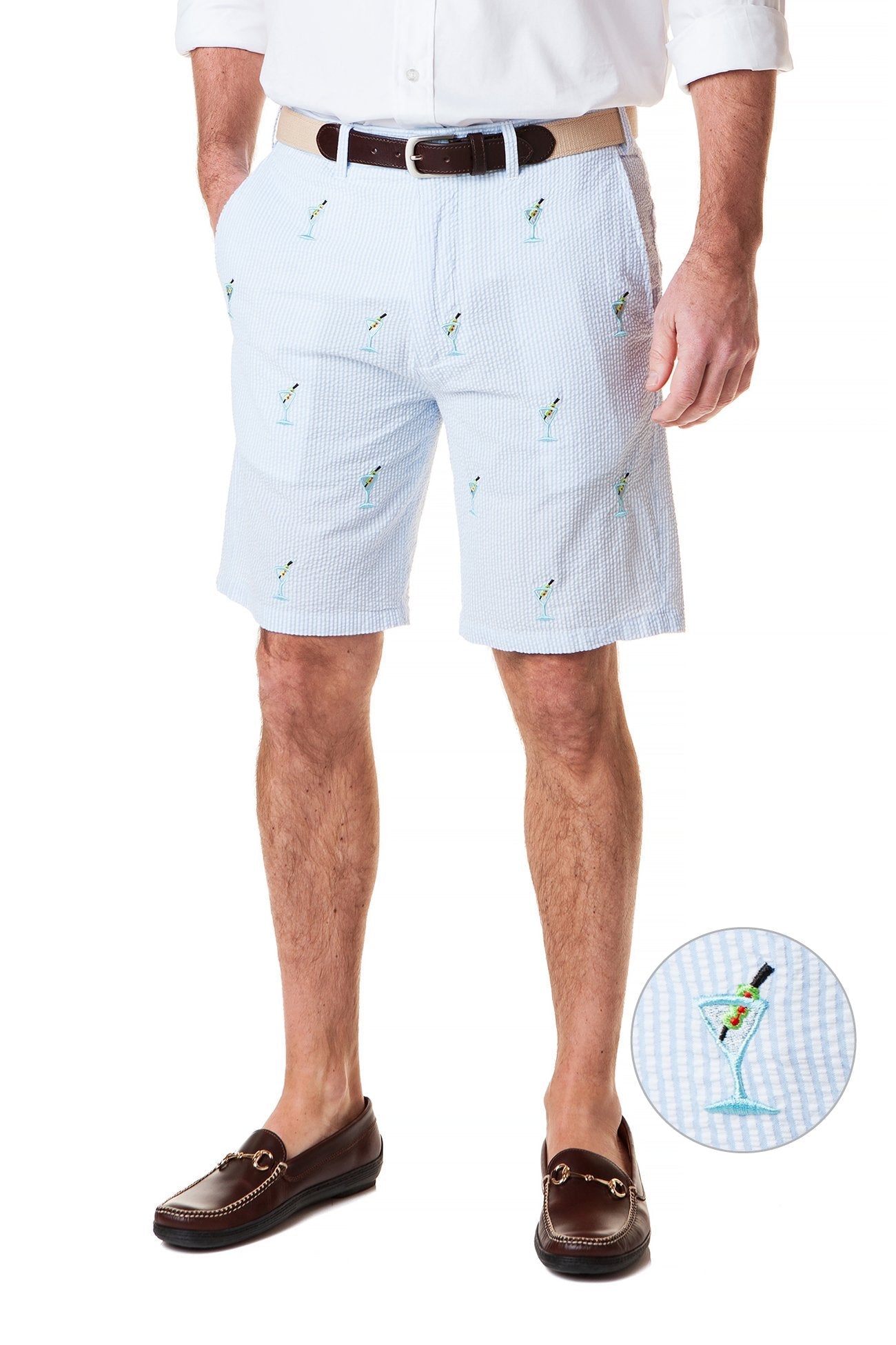 Cisco Embroidered Short Blue Seersucker with Martini - MENS EMBROIDERED SHORTS - Castaway Nantucket Island