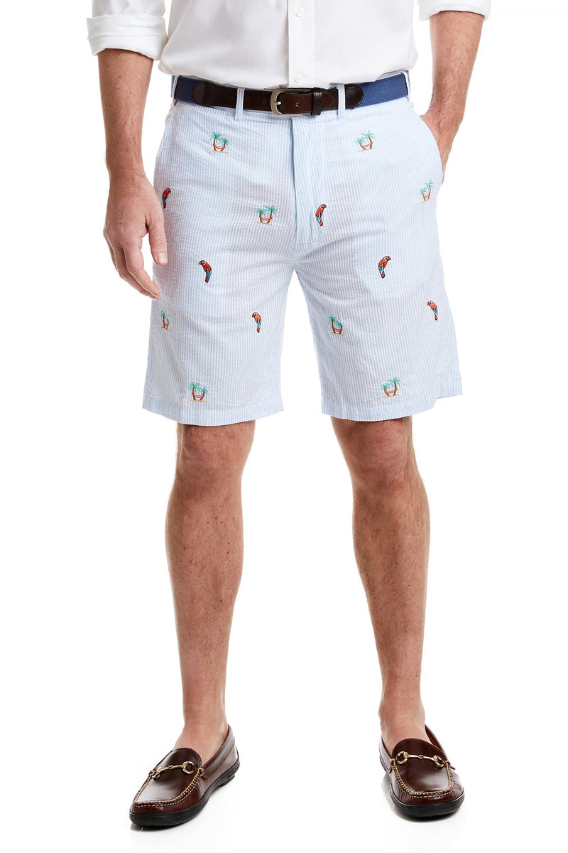 Cisco Short Blue Seersucker with Palms Hammock & Parrot MENS EMBROIDERED SHORTS Castaway Nantucket Island