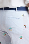 Cisco Short Blue Seersucker with Palms Hammock & Parrot MENS EMBROIDERED SHORTS Castaway Nantucket Island