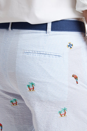 Cisco Short Blue Seersucker with Palms Hammock & Parrot MENS EMBROIDERED SHORTS Castaway Nantucket Island