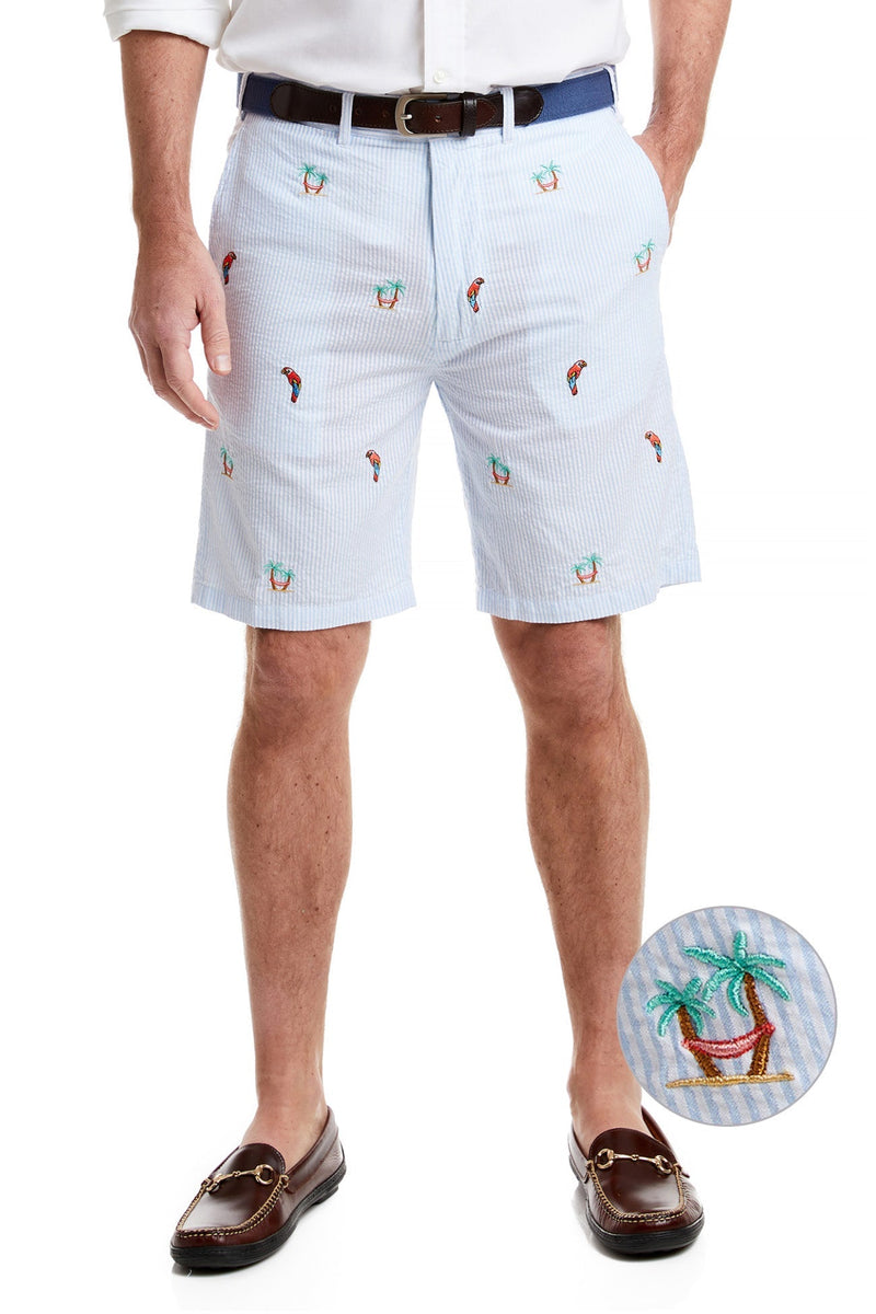Cisco Short Blue Seersucker with Palms Hammock & Parrot MENS EMBROIDERED SHORTS Castaway Nantucket Island
