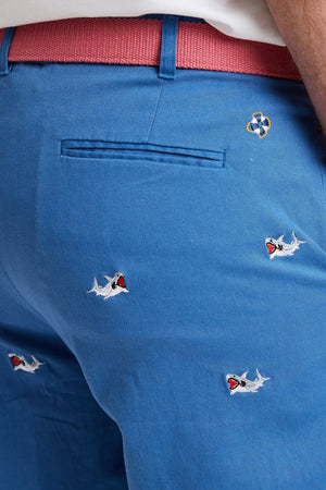 Cisco Short Deep Ocean Blue with Great White Shark MENS EMBROIDERED SHORTS Castaway Nantucket Island