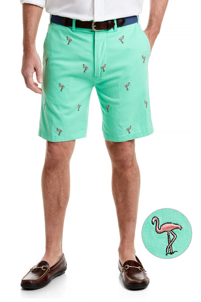 Cisco Short Spring Green with Flamingo MENS EMBROIDERED SHORTS Castaway Nantucket Island