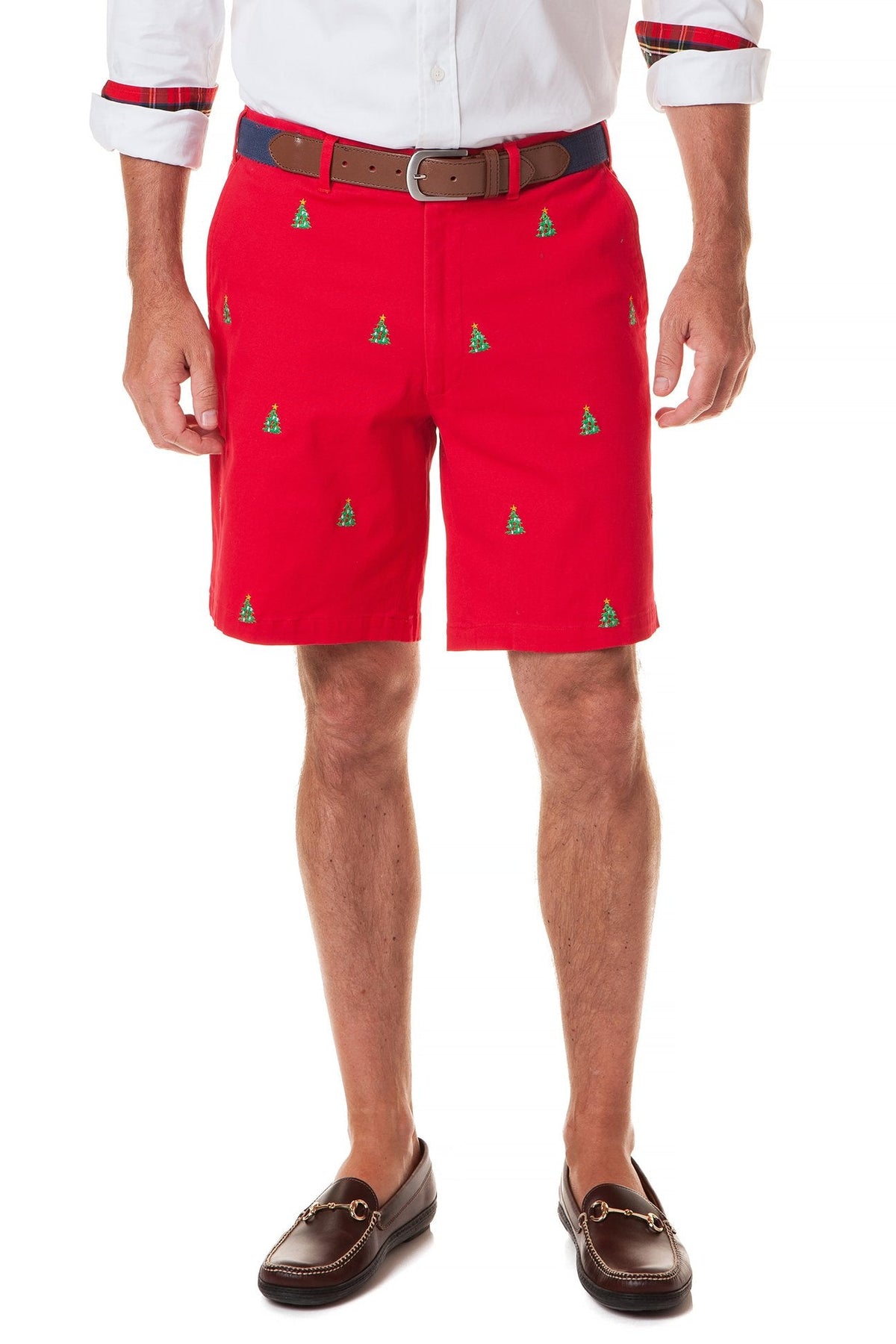 Castaway Mens Christmas Shorts Red Twill with Christmas Trees