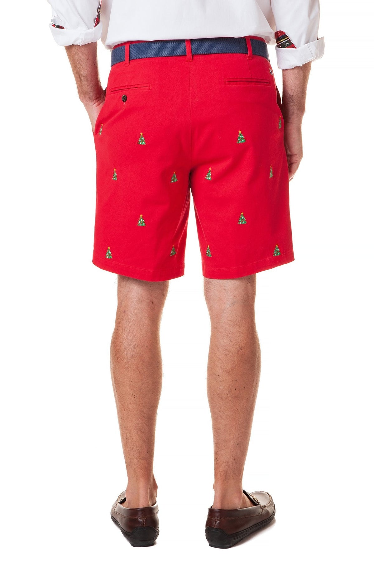 Castaway Mens Christmas Shorts Red Twill with Christmas Trees