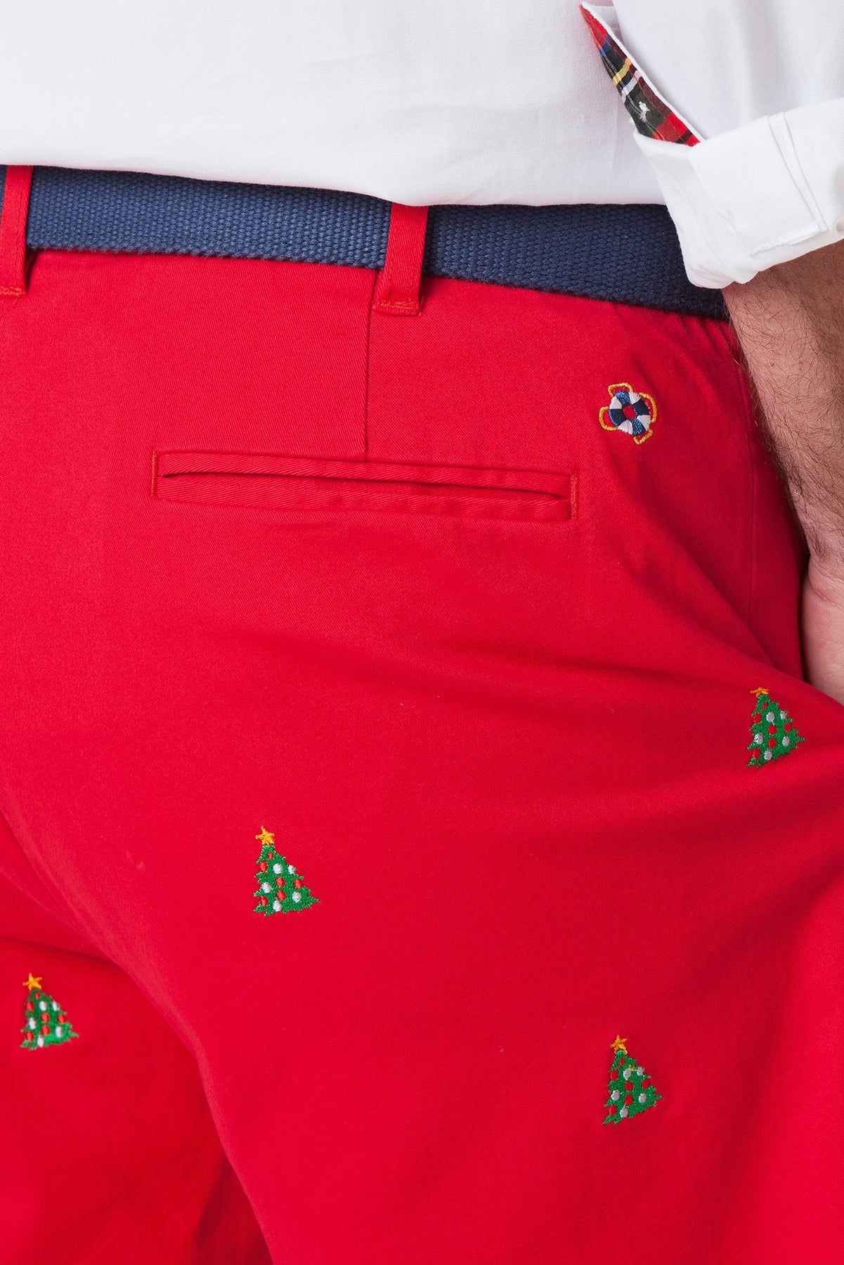 Castaway Mens Christmas Shorts Red Twill with Christmas Trees