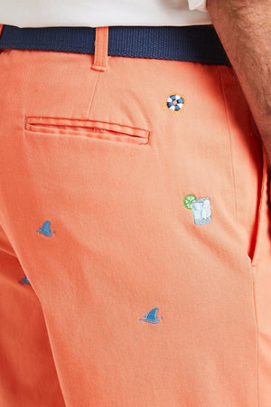 Cisco Short Stretch Twill Coral with Fin & Tonic MENS EMBROIDERED SHORTS Castaway Nantucket Island