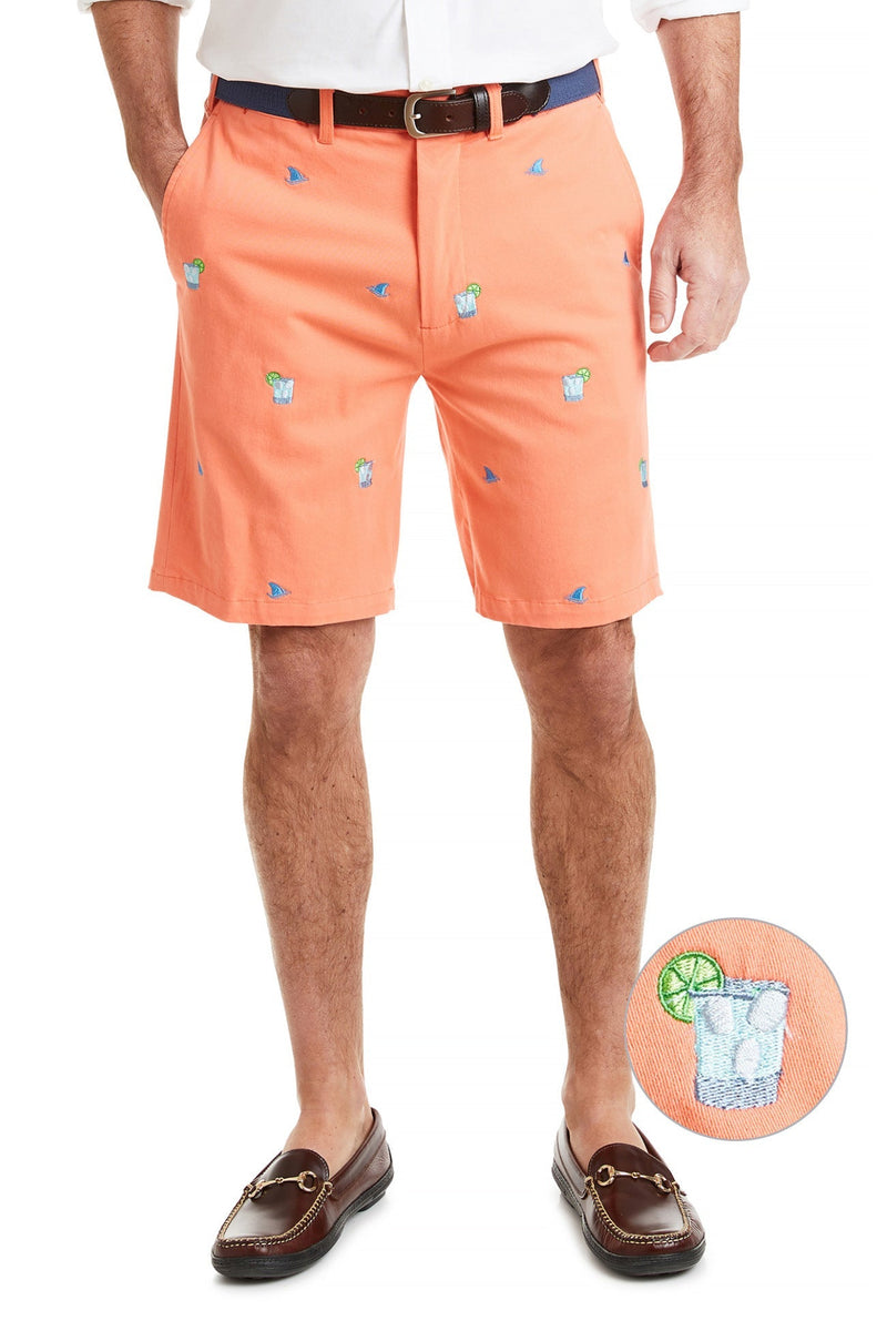 Cisco Short Stretch Twill Coral with Fin & Tonic MENS EMBROIDERED SHORTS Castaway Nantucket Island