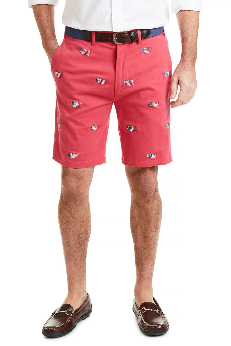 Cisco Short Stretch Twill Hurricane Red with American Flag Map MENS EMBROIDERED SHORTS Castaway Nantucket Island