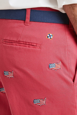 Cisco Short Stretch Twill Hurricane Red with American Map MENS EMBROIDERED SHORTS Castaway Nantucket Island
