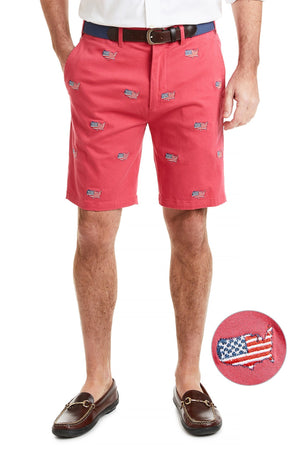 Cisco Short Stretch Twill Hurricane Red with American Flag Map MENS EMBROIDERED SHORTS Castaway Nantucket Island