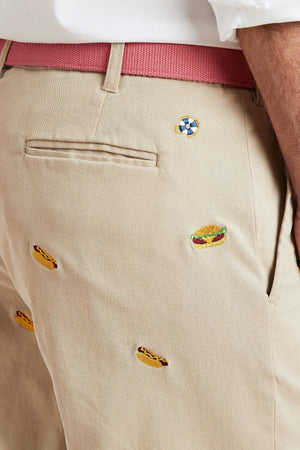 Cisco Short Stretch Twill Khaki with Hamburger & Hotdog MENS EMBROIDERED SHORTS Castaway Nantucket Island